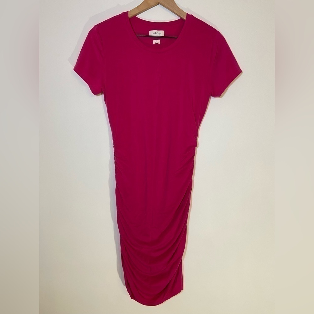 BABATON Aritzia Hot Pink Bodycon Lined T-shirt Mini Dress Size M Tencel